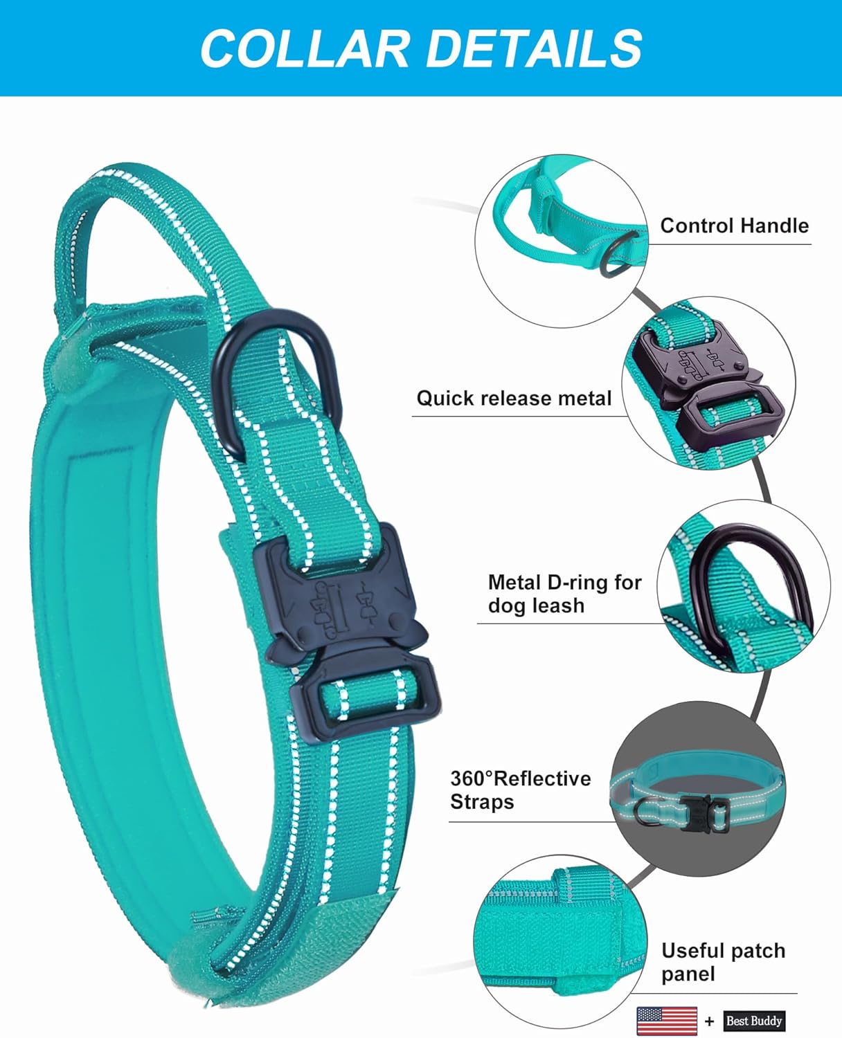 AUBELL Tactical Dog Collar and Leash Set, Reflective Adjustable Heavy Duty Military K9 Collars with Handle and Metal Buckle for Large Dogs, with Airtag Case and 2 Patches(Teal,L)