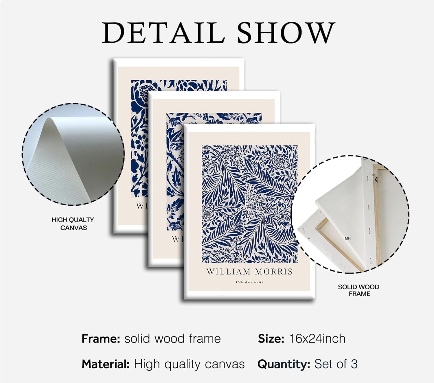 3 Pcs William Morris Floral Canvas Wall Art, Blue and White Botanical Poster Prints, Vintage Gallery Wrapped Wall Decor for Living Room Bedroom Bathroom Studio, 16x24 Inch Ready to Hang