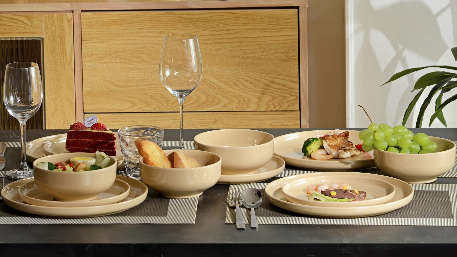 Service De Table Pour 4 Personnes - 12 Pièces Assiettes Et S En Melamine Incassable Leger Et Resistant Au Lave Vaisselle Blauw Avec Marron