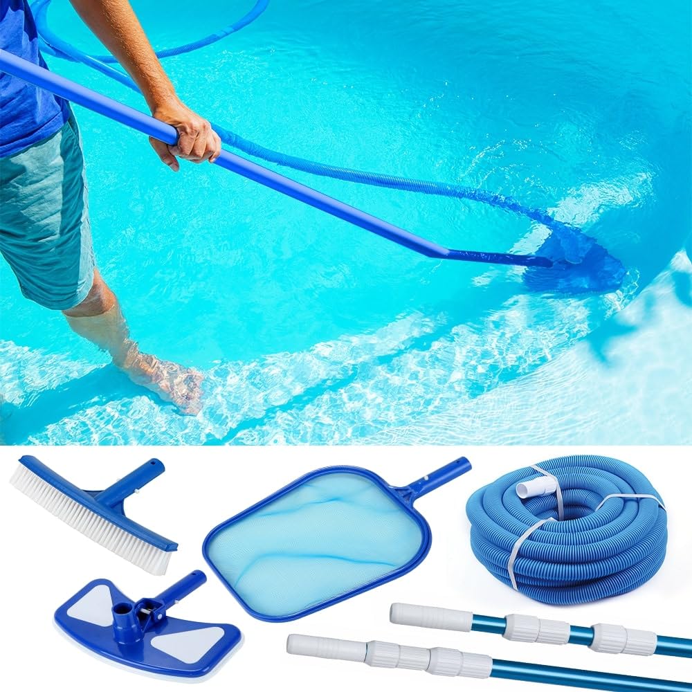 ok-living Pool Reinigungsset, Blau, 5er Set, zur manuellen Reinigung von Poolboden und Wasseroberfläche