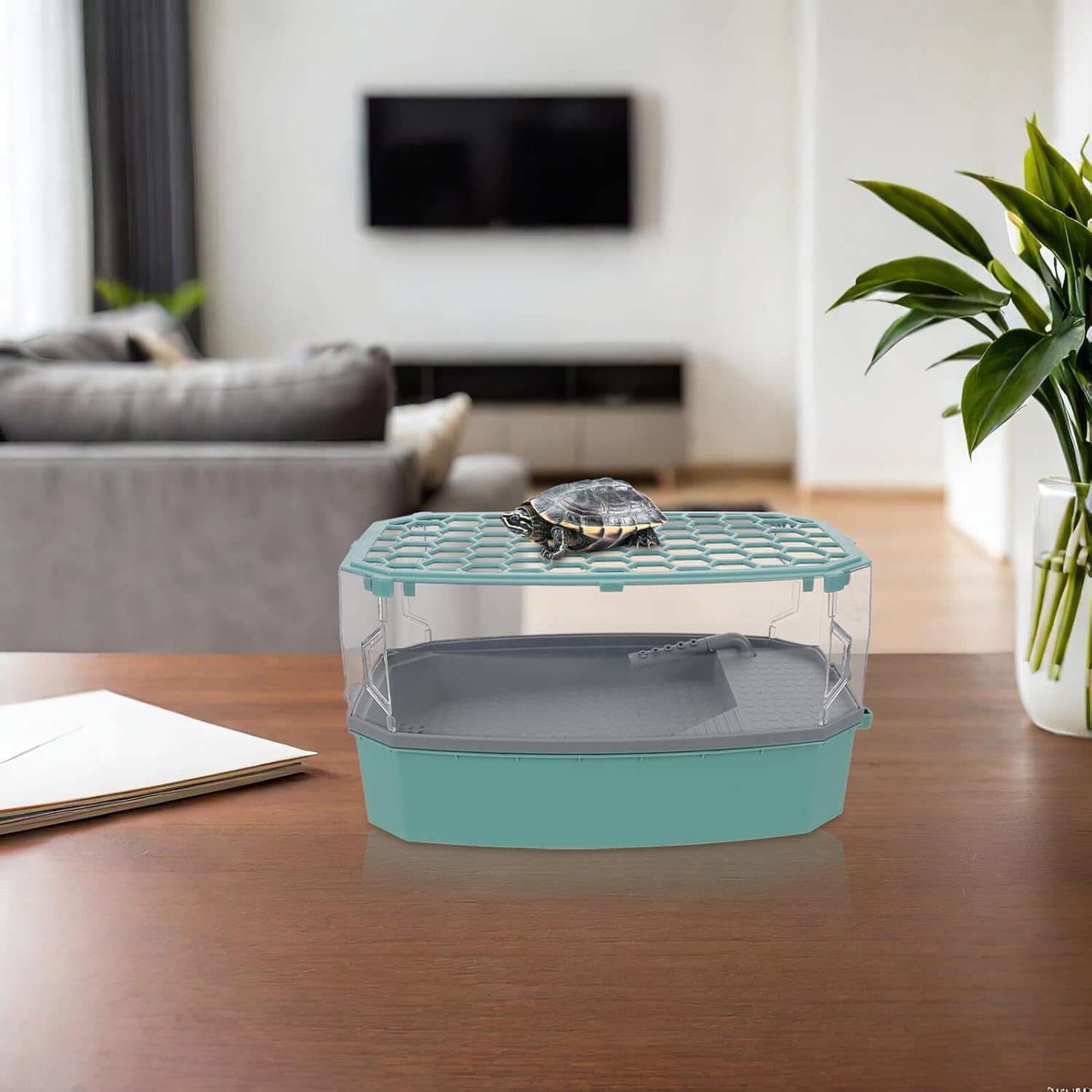 Small Blue Plastic Turtle Tank with Lid and Basking Platform Turtle Aquarium Habitat and Reptiles Eco-Friendly Terrarium for Home Use