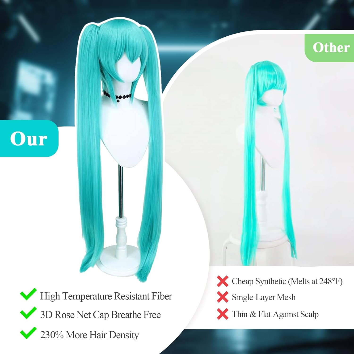 Cute Halloween Green Cosplay Wig, 2 Hair Caps+ Wig, Long Greenish False Hair with 2 Ponytails for Women, Long Straight Wigs with Bangs for Event for Women and Teen Girls - Image 3