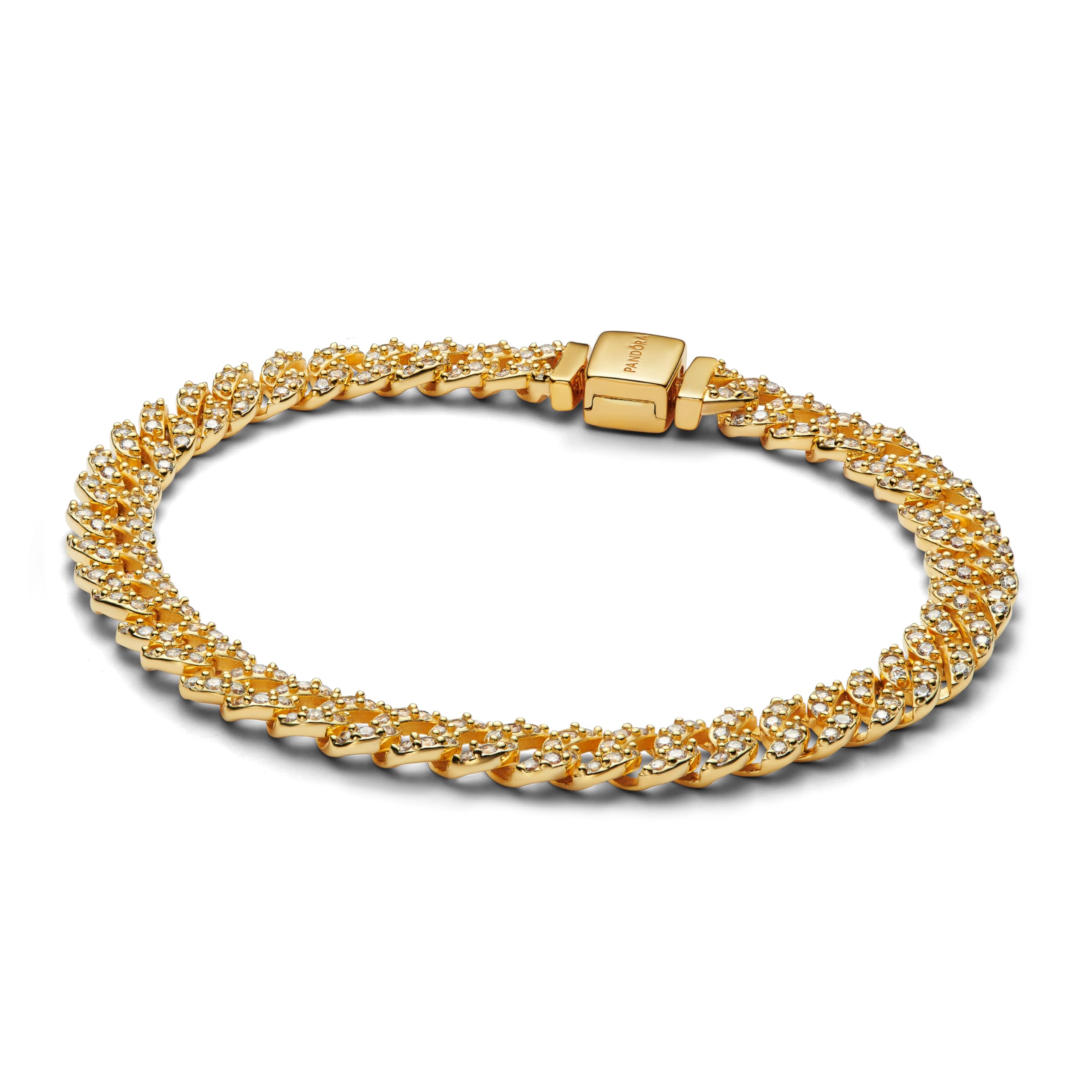 PANDORA Timeless Pavé Cuban Gliederarmband aus Sterling Silber mit vergoldeter Metalllegierung und Zirkonia Größe: 18 cm, 563008C01-18