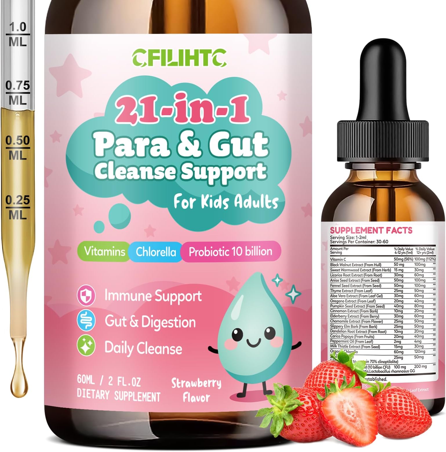 21 in 1 Parasite Cleanse for Humans & Kids – Wormwood Black Walnut Pumpkin Seed, Probiotics 10 Billion CFU, Digestive Supplement for Natural Gut Cleanse, Kids Immune Support, Strawberry Flavor 2 oz