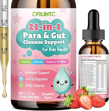 21 in 1 Parasite Cleanse for Humans & Kids Wormwood Black Walnut Pumpkin Seed, Probiotics 10 Billion CFU, Digestive Supplement for Natural Gut Cleanse, Kids Immune Support, Strawberry Flavor 2 oz