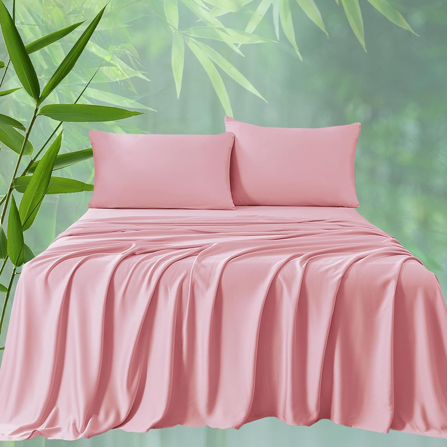 100% Viscose Derived from Bamboo Sheets for Hot Sleepers, 400 Thread Count, 16" Deep Pocket, Silky Soft, Cooling and Breathable, Queen, Pink