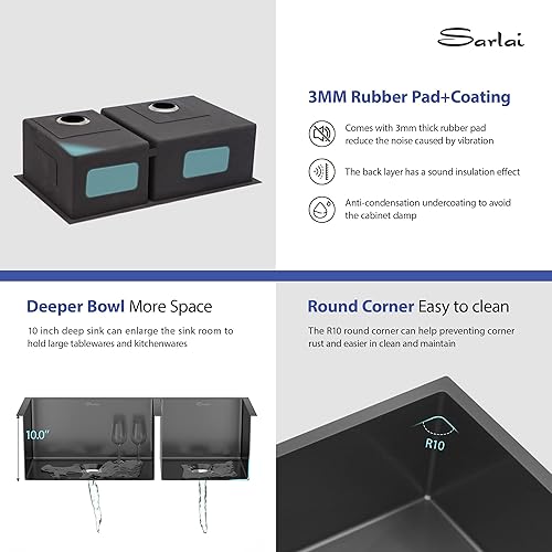 Vista 168 de Sarlai Fregadero doble de 33 piezas para empotrar - Fregadero de cocina de 33 x 19 pulgadas, acero inoxidable de calibre 16, esquina redonda, doble