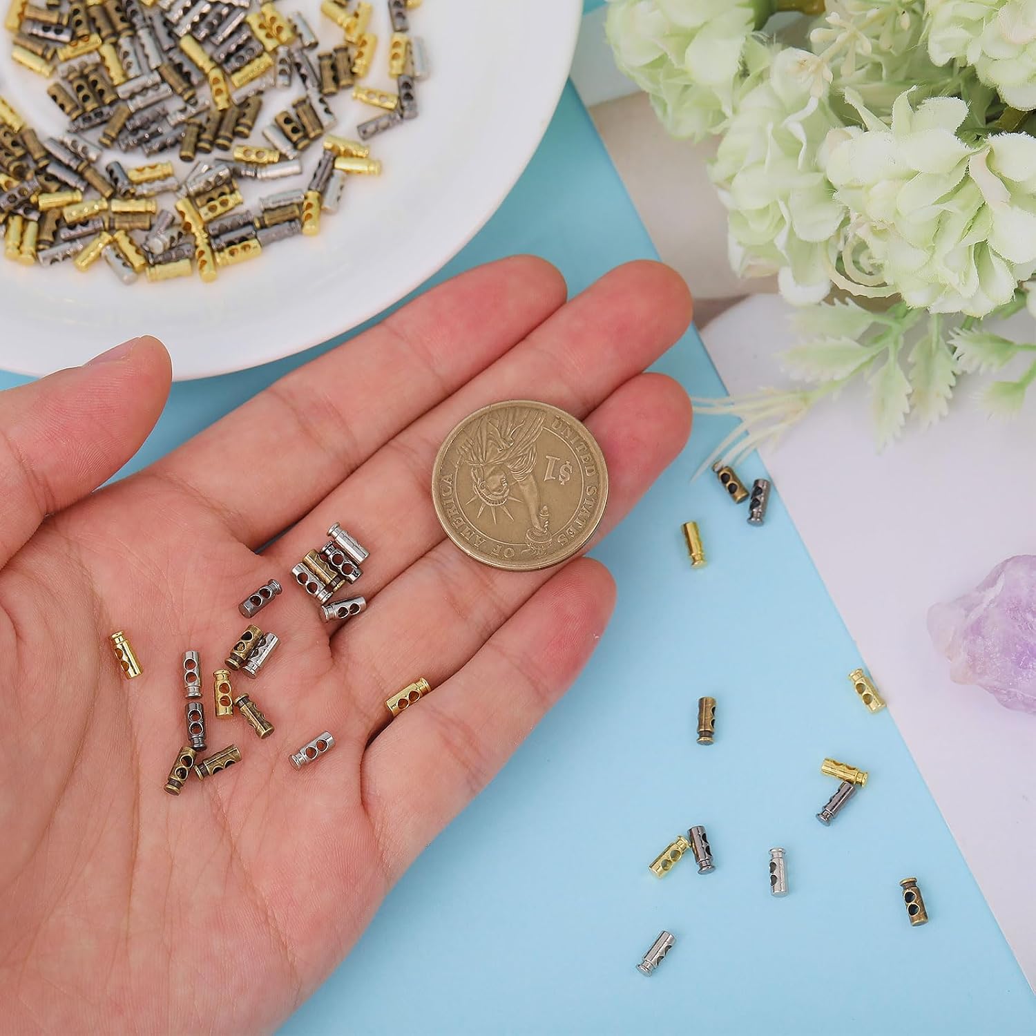 GLOBLELAND 200Pcs 4 Colors Mini Alloy Spring Fastener Cord Lock 7mm Alloy Toggle Stoppers Double Hole Drawstring Stopper Fastener Buttons Doll Accessorie for Dolls Clothing Sewing