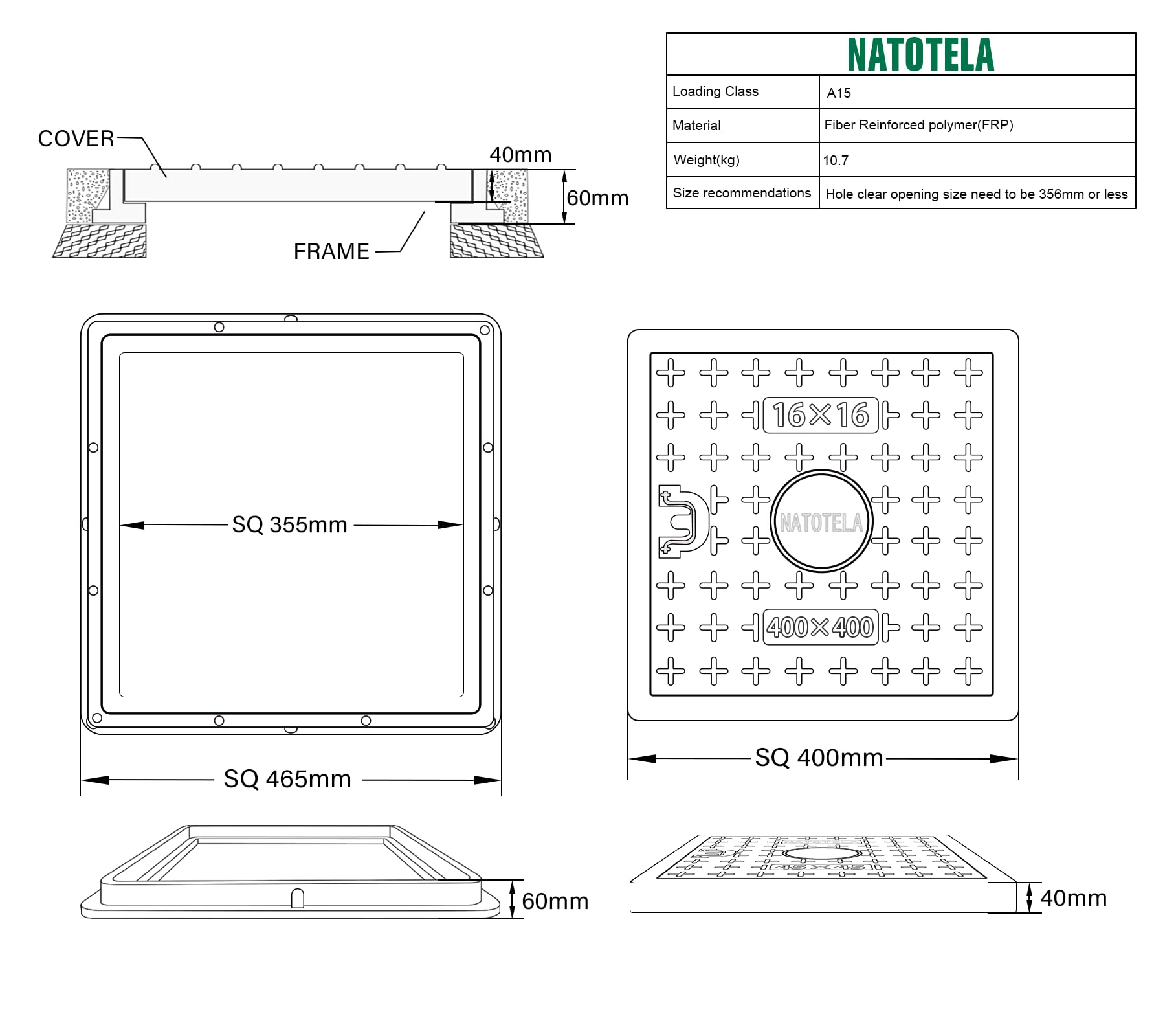 NATOTELA Manhole Cover and Frame Fiberglass,Cover Size 400x400mm/Overall size 465x465mm Square Drain Cover Access Inspection Reinforced Steel Embedded Sewer Cover with Handles Non-slip Solid Black - Image 2