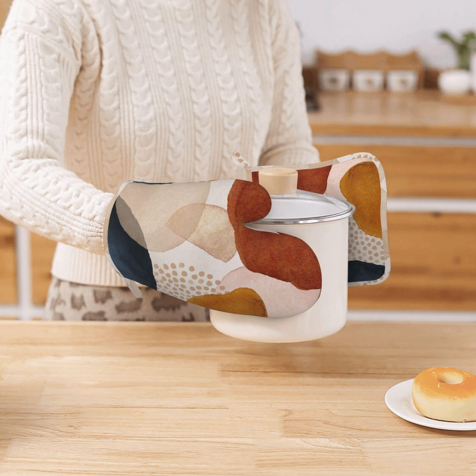 Boho abstrakcyjne minimalistyczne estetyczne rękawice kuchenne i zestawy uchwytów na garnki, silikonowe, antypoślizgowe rękawice kuchenne, uchwyty na garnki, odporne na wysokie temperatury, do