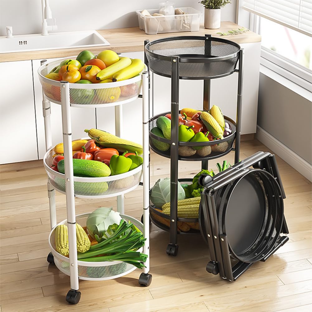 BAKAJI Carrello Pieghevole Salvaspazio Tondo a 3 Ripiani in Metallo, Carrellino Richiudibile Ergonomico Rotondo, Organizer 88 x 35 cm Ideale per Bagno, Cucina, Ufficio con 4 Ruote (Nero)