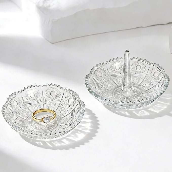 Set of 2 Crystal Jewelry Dish Trays 3.1in Clear Round Trinket Ring Holders for Valentines, Wedding, Birthday, Anniversary, Mother's Day Decor