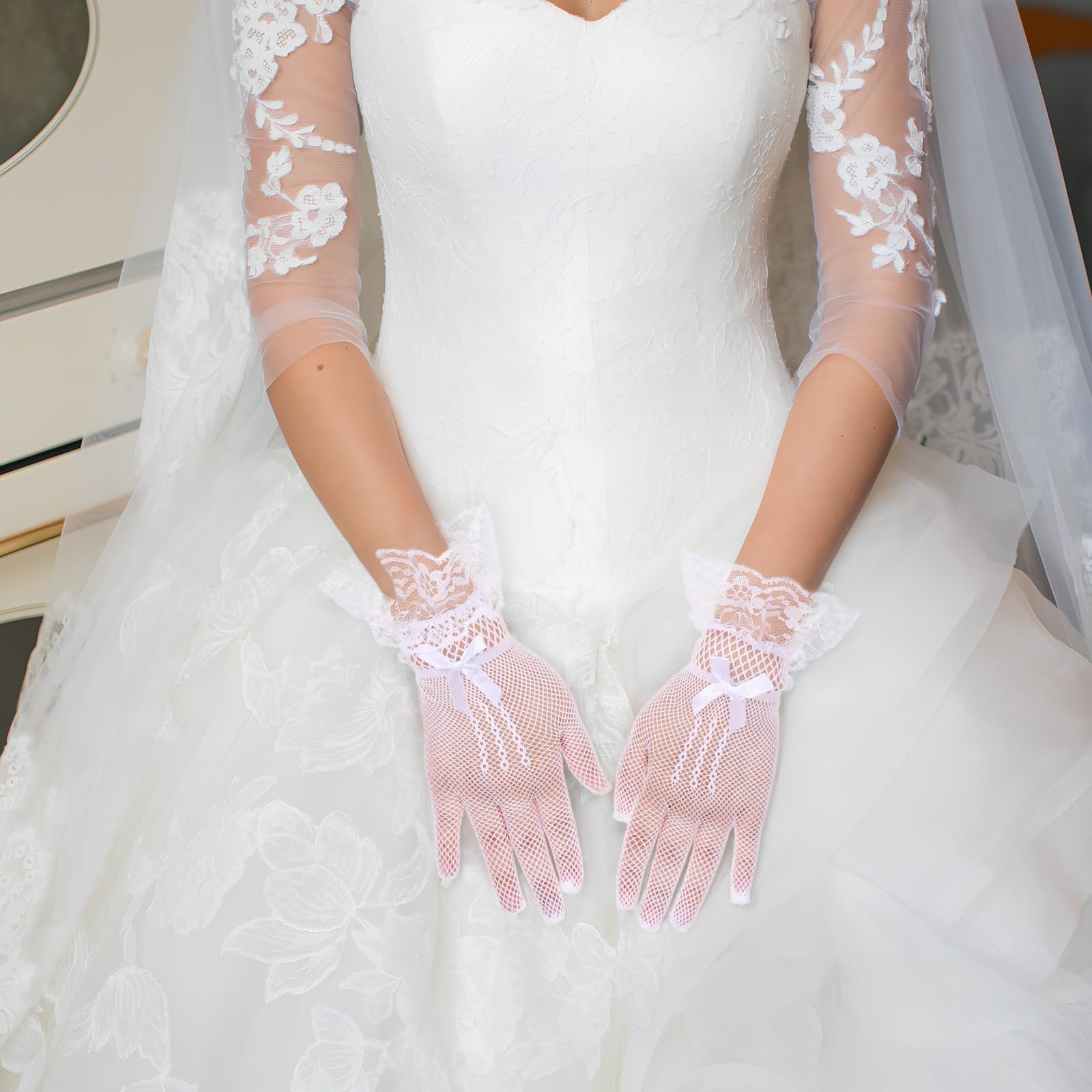 TEHAUX Guantes de Novia de Malla 12 Pares Blanco Poliéster para Boda | Transpirables y Cómodos, Pedrería y Lazos, para Banquete y Fiesta de Té, Uso Repetido