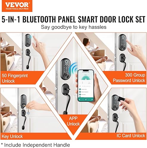 Miniatura 2 de VEVOR Cerradura inteligente, perilla de puerta inteligente 5 en 1, cerrojo de huellas dactilares con control de aplicación, cerradura de puerta de