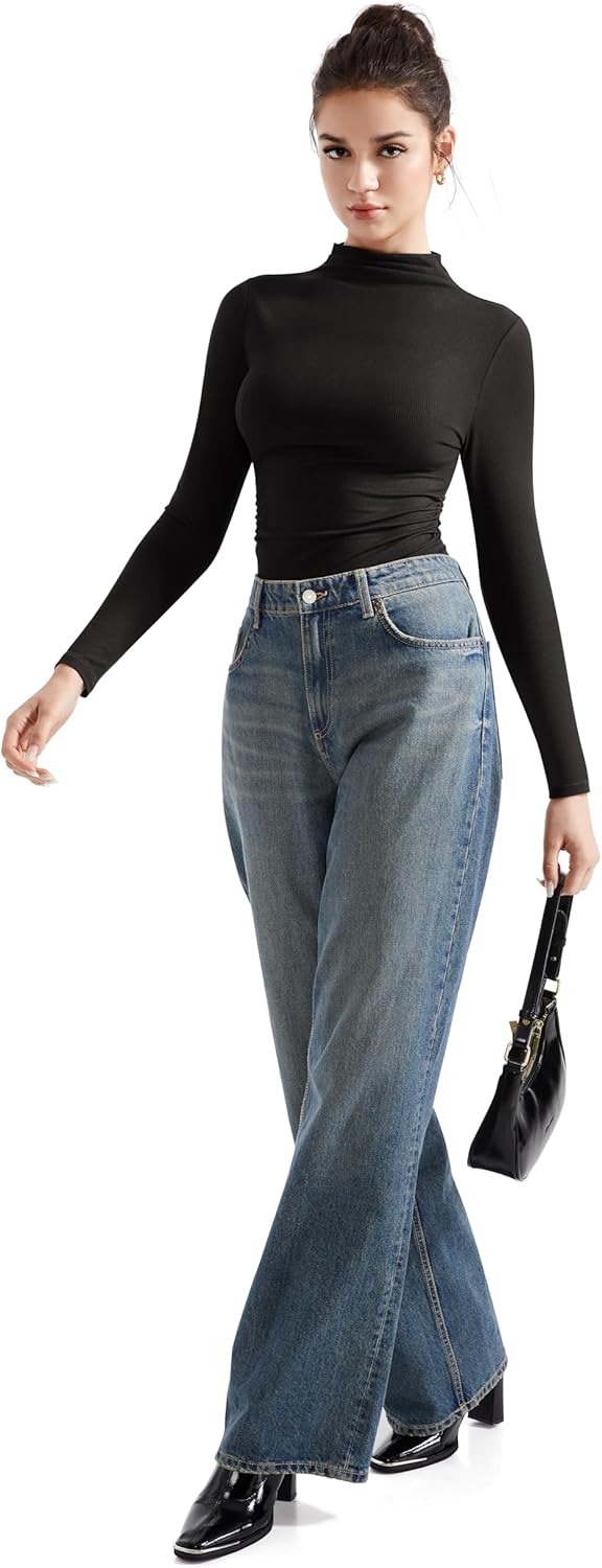 SUUKSESS Women Ribbed Modal Long Sleeve Casual Tops High Neck Going Out T Shirts - Image 5