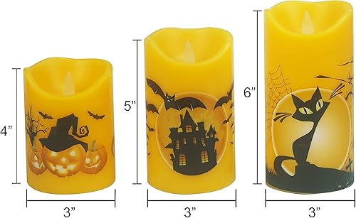 Miniatura 2 de 7LinRay Velas parpadeantes sin llama de Halloween con control remoto y temporizador, velas LED de cera real que funcionan con pilas, con calabaza,