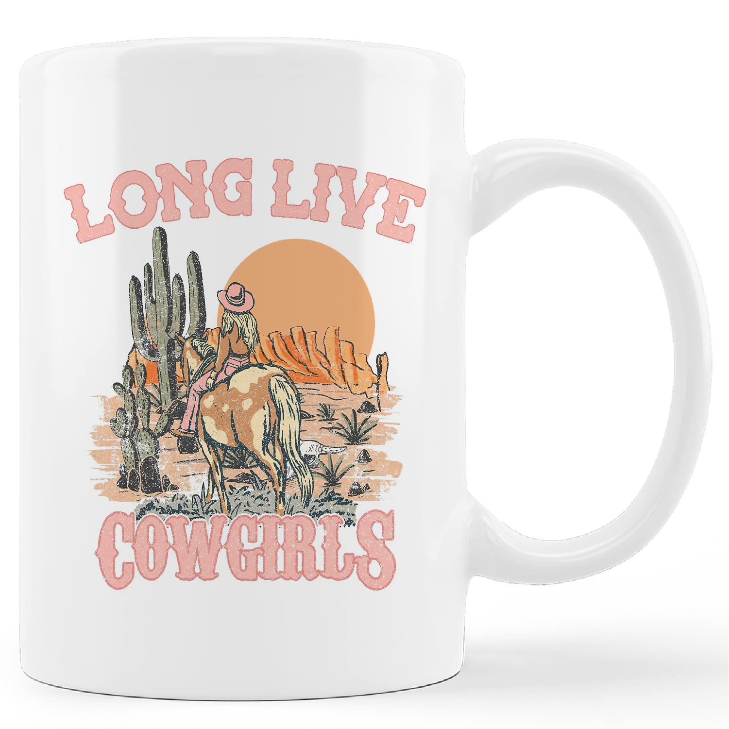 kunlisaRetro Western Long Live Cowgirls Ceramic Mug-11oz Coffee Milk Tea Mug Cup,Western Country Cowgirl Horse Cactus Sunset Landscape Teen Girls Gifts, Cowgirl Gifts for Girls