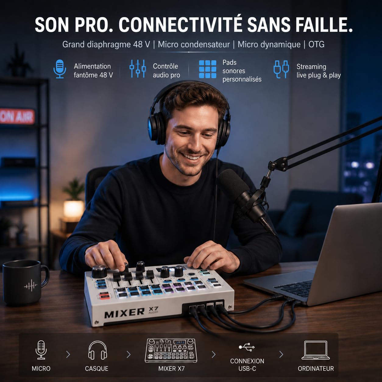 Mixeur audio USB pour podcasts et streaming, contrôleur audio DJ avec réduction du bruit, interface XLR, mixeur d'enregistrement en direct