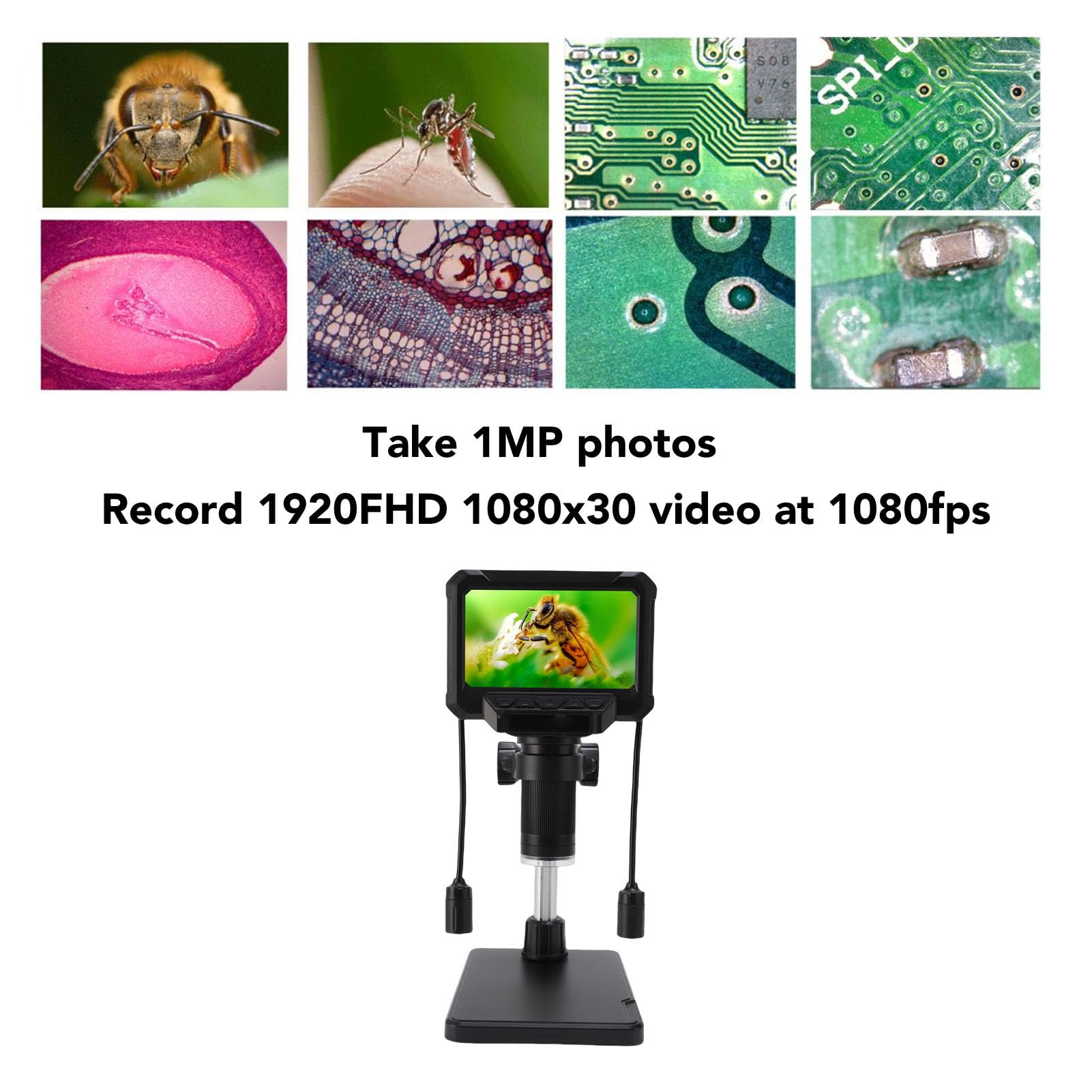 LICAEVEY LCD -digitales Mikroskop, 1MP 1080p 4X Digitalmikroskop mit 4,3 Zoll 8 Einstellbarer LEDs Licht, PC -Ansicht für die Inspektion von Leiterplatten