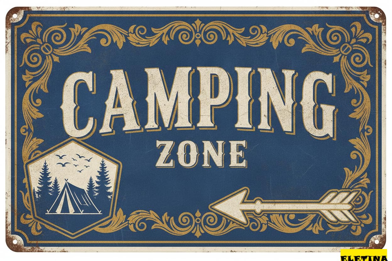Camping Zone Metal Warning Tin Sign UV Protected Rust Free Fade Resistant Trails Gardens Indoor Bar 8x12in