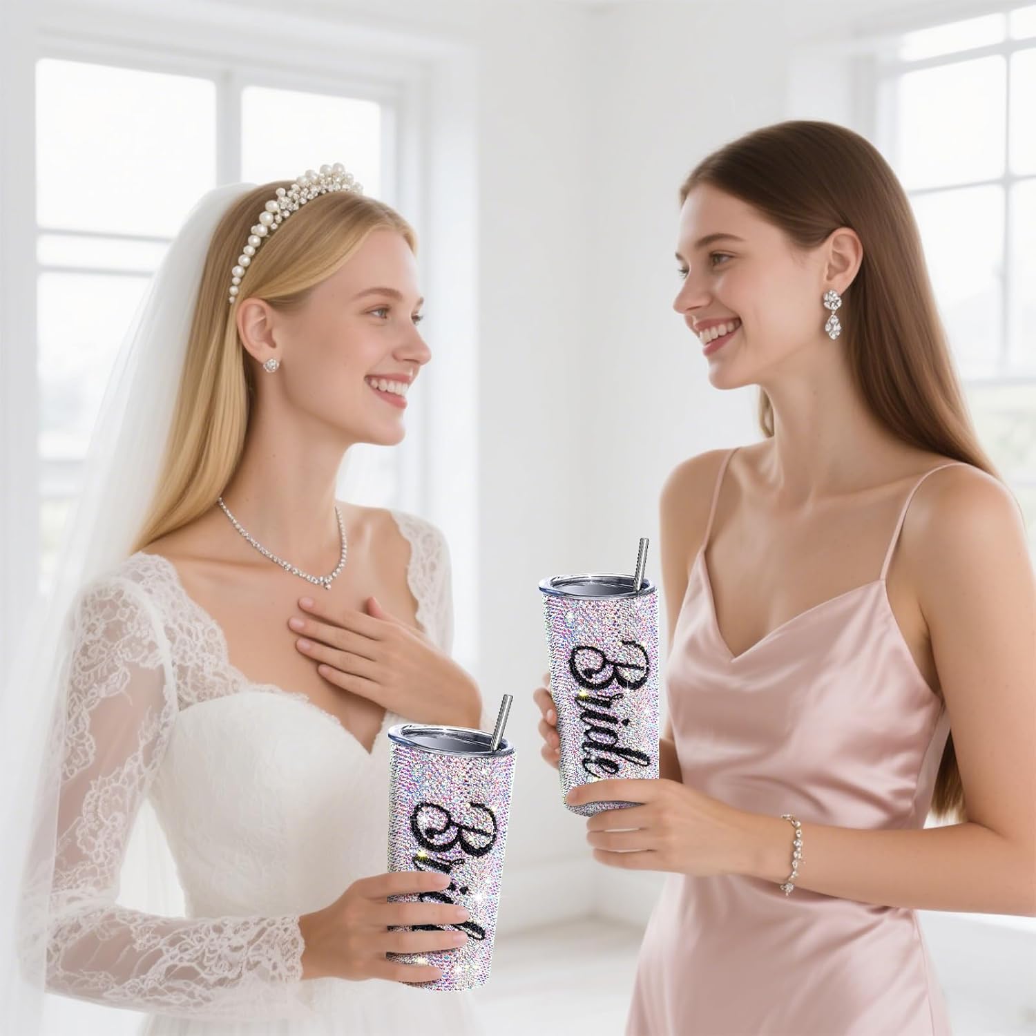 Vesici Bling Diamond Bride Tumbler 20 oz Bridal Insulated Tumbler with Straw and Lid Bridal Shower Gifts Wedding Gifts for Bride Engagement Party Bachelorette Maid of Honor Cup(Stylish) - Image 3