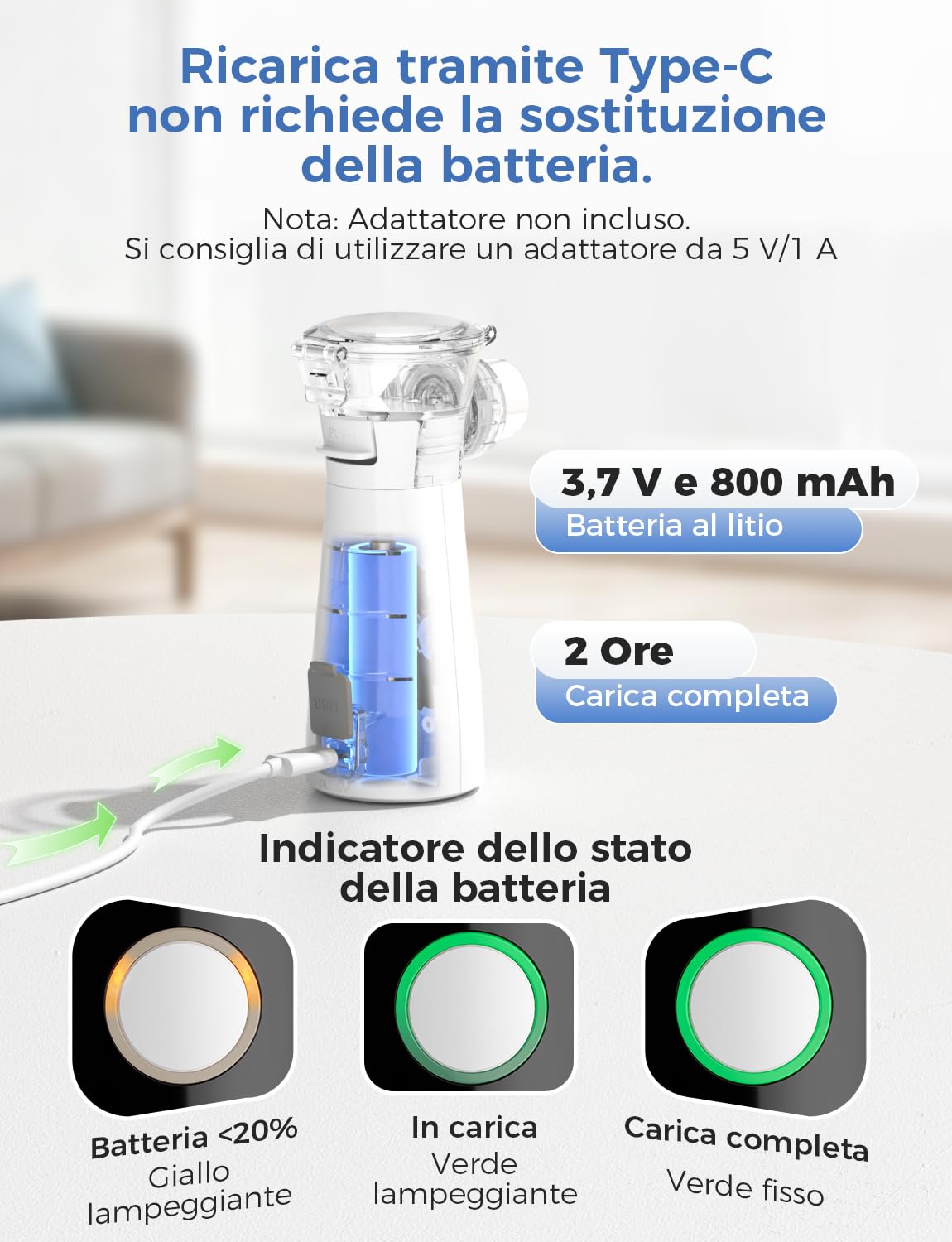 YOHOOLYO Aerosol Portatile Silenzioso Nebulizzatore 26dB, 2 Modalità, Ricarica USB-C con Autopulizia, Include 2 Maschere e Boccaglio per Adulti e Bambini, Leggero, per Viaggi e Uso Domestico