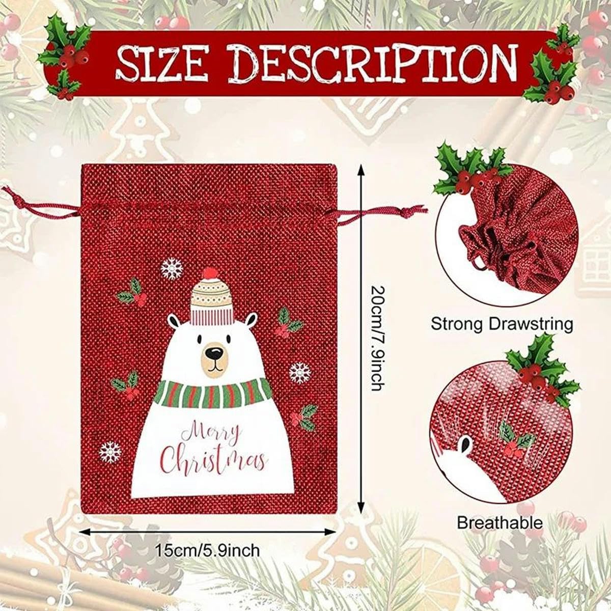 sac cadeau de sac de Noël en lin de jute réutilisable avec cordon de serrage pour Noël-Juste 50 sacs vierges-9x12cm-Autre