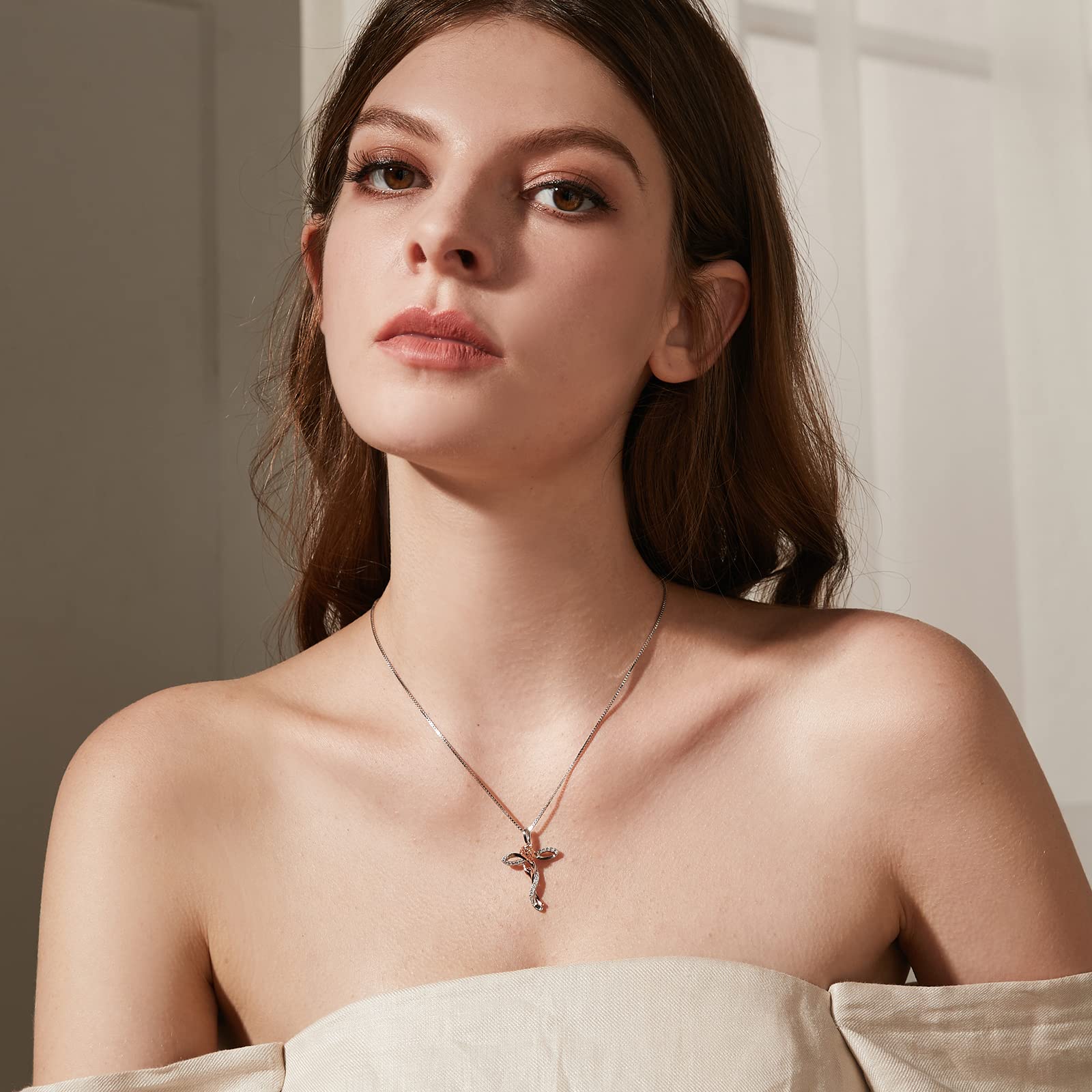 Collana Croce Infinito Rosa 18K placcato in oro bianco per Donna in Argento Sterling 925 con Ciondolo Diamante Simulato, Gioiello Elegante per Donne