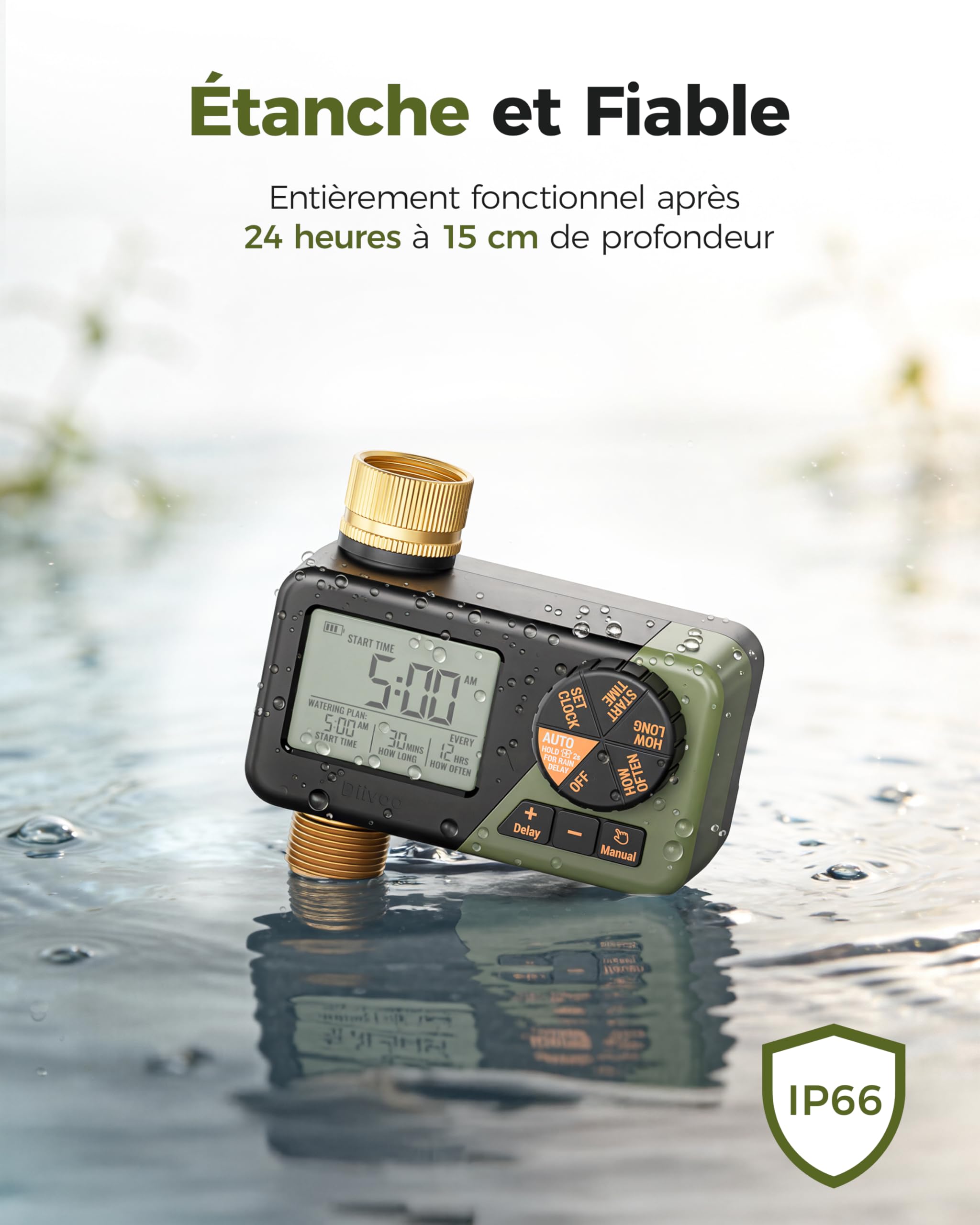 Diivoo Programmateur Arrosage Automatique avec Entrée et Sortie en Laiton, Minuteur Arrosage avec Étanchéité IP66, Grand Écran LCD, Retard de Pluie, Arrosage Manuel pour Pelouse et Jardin