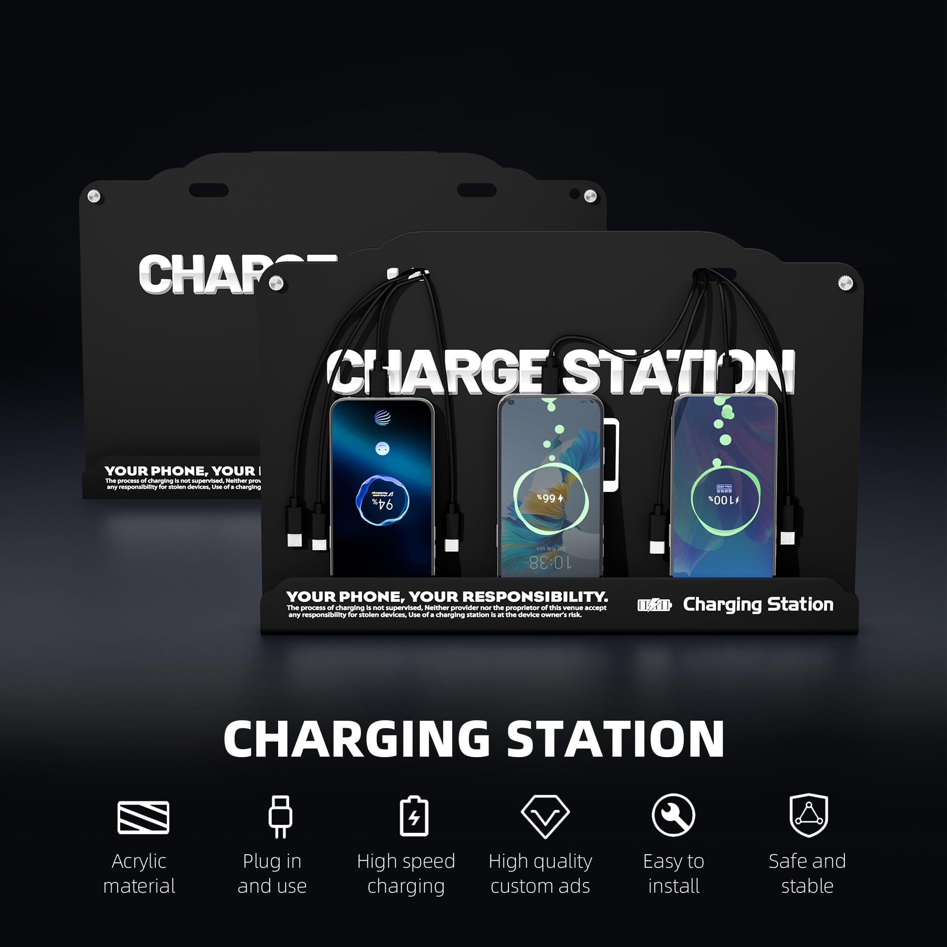Estación de carga de 8 puertos montada en la pared con cables Fast Charigng - Base de carga multidispositivo para oficina, hotel y espacios públicos | Compatible con iPhone, iPad, smartphone, tabletas