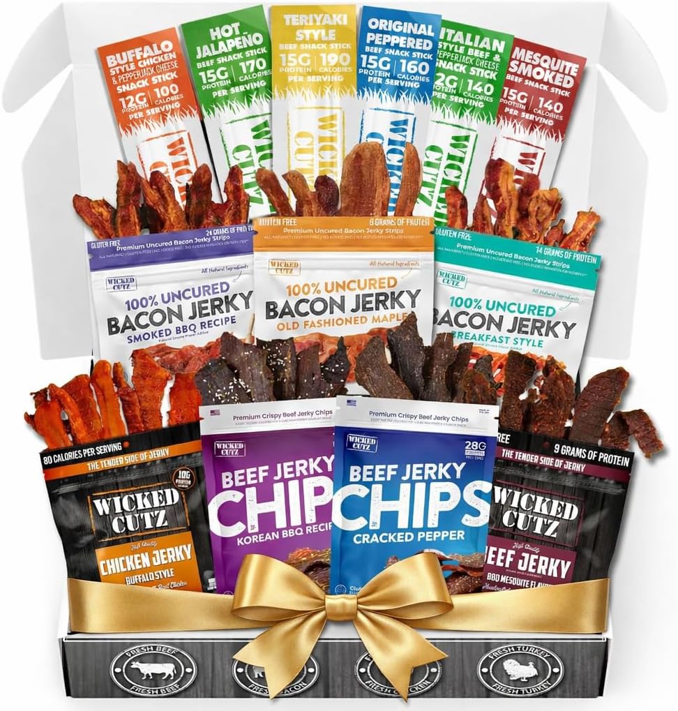 Jerky Gift Basket, Includes Bacon Jerky, Beef Jerky, Meat Sticks, and Beef Chips | Tender, Easy to Chew, USA Made, High Protein Carnivore Snacks | Unique Gifts for Men (13 Pack)