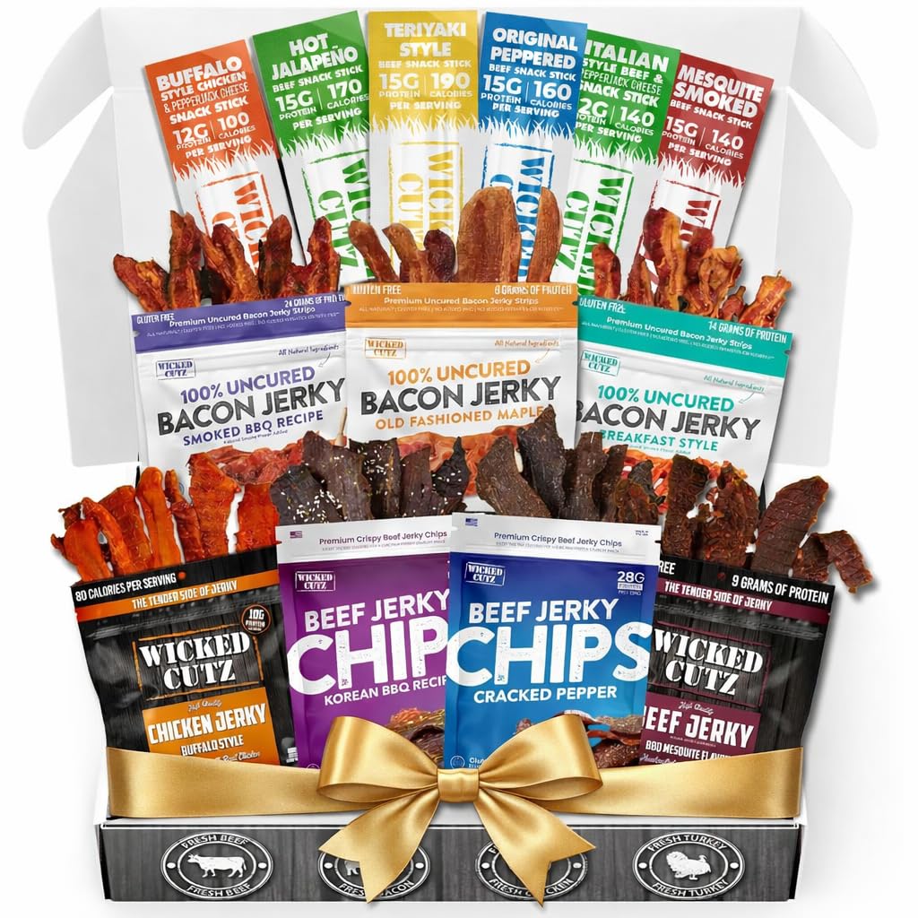 Wicked Cutz Jerky Gift Basket, Includes Bacon Jerky, Beef Jerky, Meat Sticks, and Beef Chips | Tender, Easy to Chew, USA Made, High Protein Carnivore Snacks | Unique Gifts for Men (13 Pack)