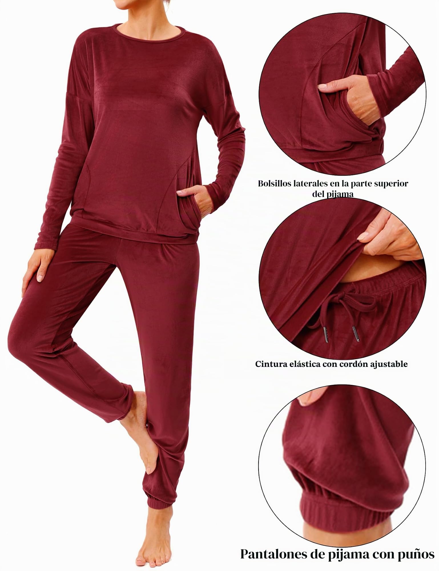 Pijama Terciopelo Mujer Invierno Manga Larga Conjunto Chándal Cuello Redondo Cálido Suave Cómodo Ropa de Dormir para Casa