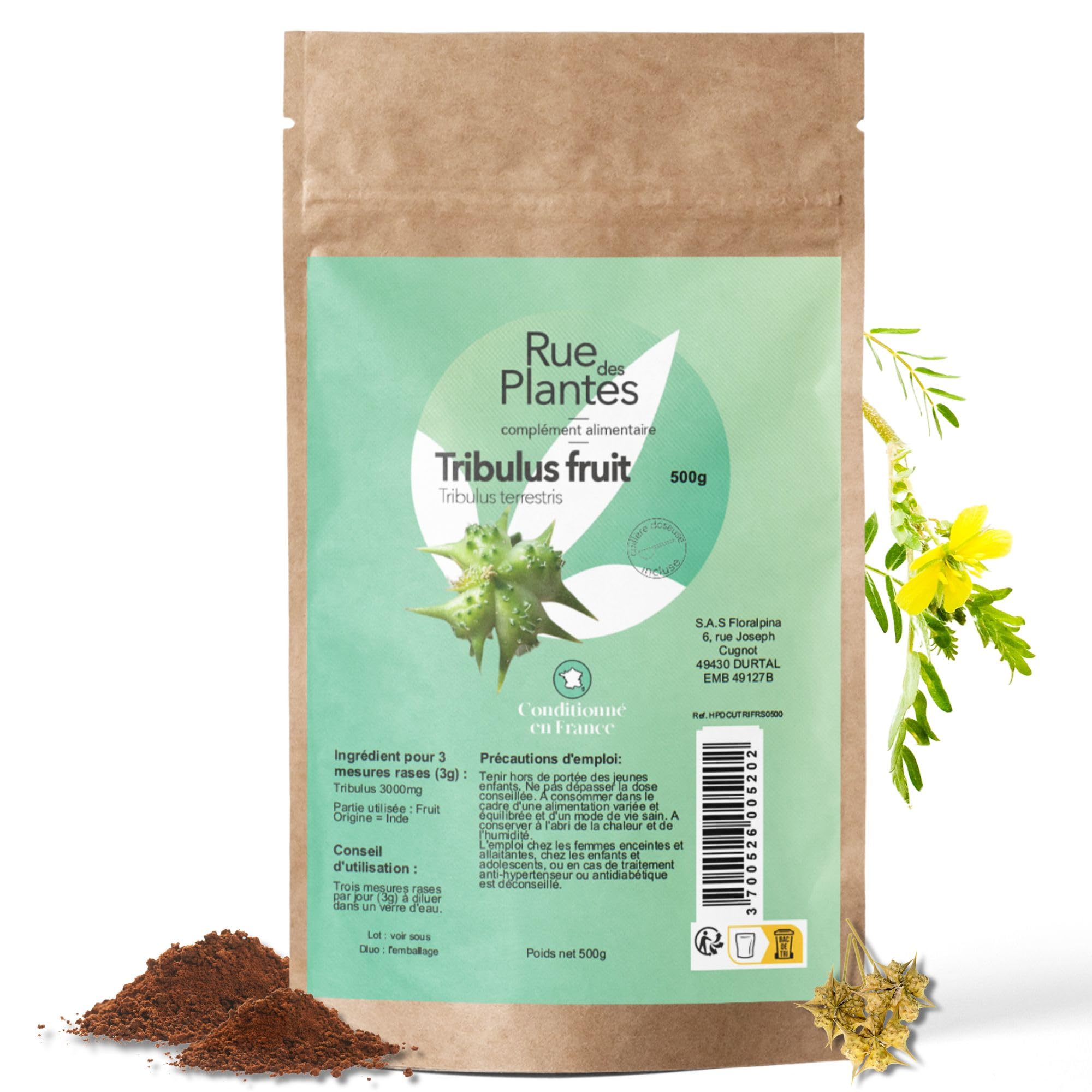 Rue Des Plantes - Tribulus Terrestris Poudre 500g | Complément Alimentaire pour Booster Énergie, Performance et Tonus Musculaire | Made in France