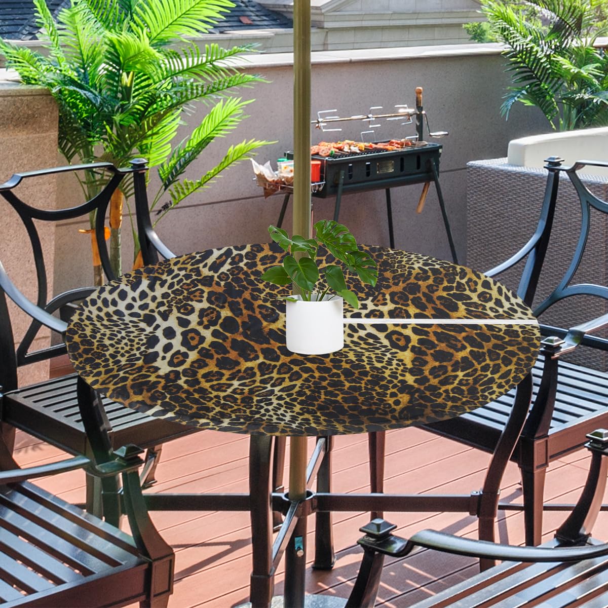 Round Outdoor Fitted Tablecloth with Umbrella Hole, Leopard Print Elastic Table Cloth Animal Leopard Print Waterproof Table Cover with Zipper for Patio Picnic, 45