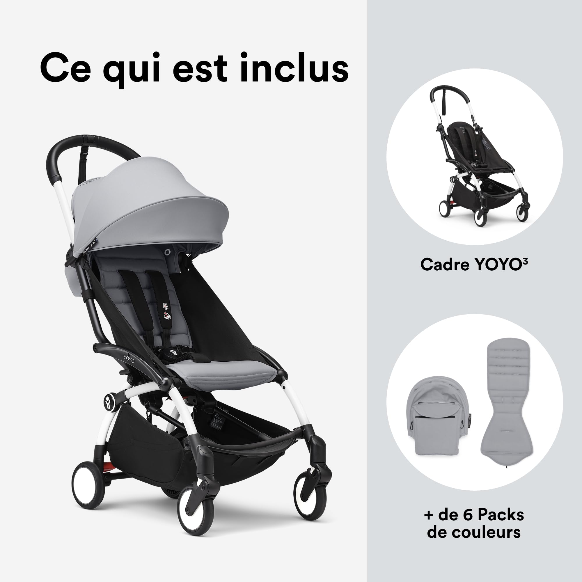Poussette Stokke YOYO3 6+ - Cadre blanc + pack couleur 6+ stone + capote - Pliage facile, légère et compacte - Compatible bagage cabine