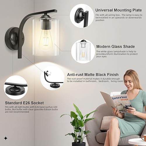 Miniatura 3 de CANMEIJIA Aplique de pared con 2 luces, accesorio moderno de iluminación de pared, luces de tocador de baño con lámpara de pared mate negra