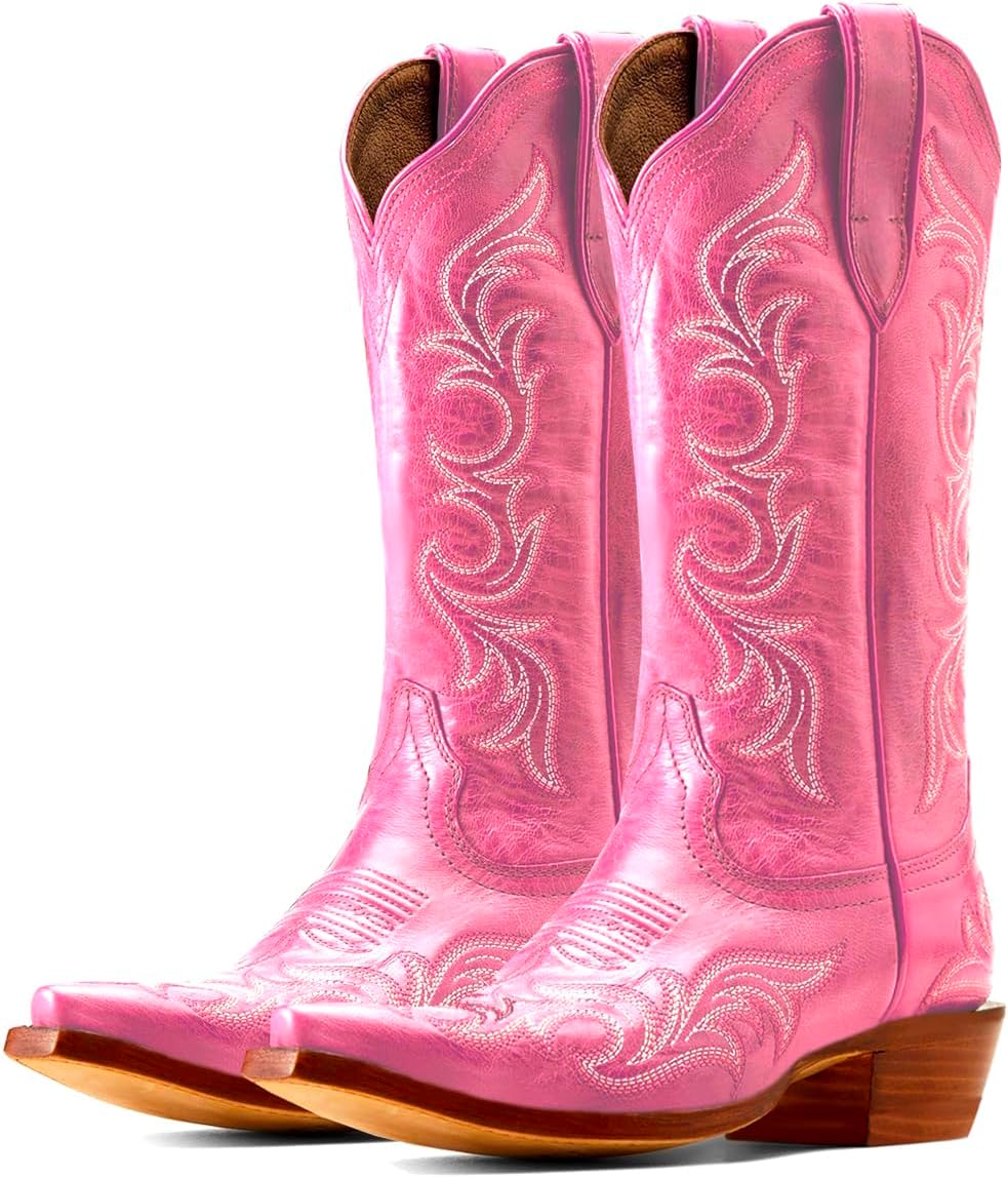 Women Vintage Western Boots Embroidered Knee High Cowboy Boots Chunky Stacked Heel Square-Pointed Toe Mid Calf Cowgirl Boots Metallic Matte Leather Pull On V Cut Fall Boot Exotic 4-11 M US