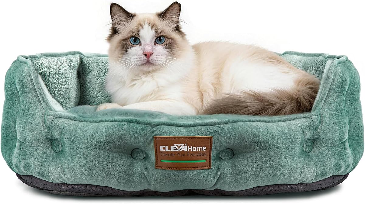 ClevaHome Upgrade Plush Faux Fur Cat Bed - Washable Round Cat Beds for Indoor Cats, Small Dog Bed for Pets up to 15lbs, Reversible Cushion, Non-Slip Bottom (Washed Green)