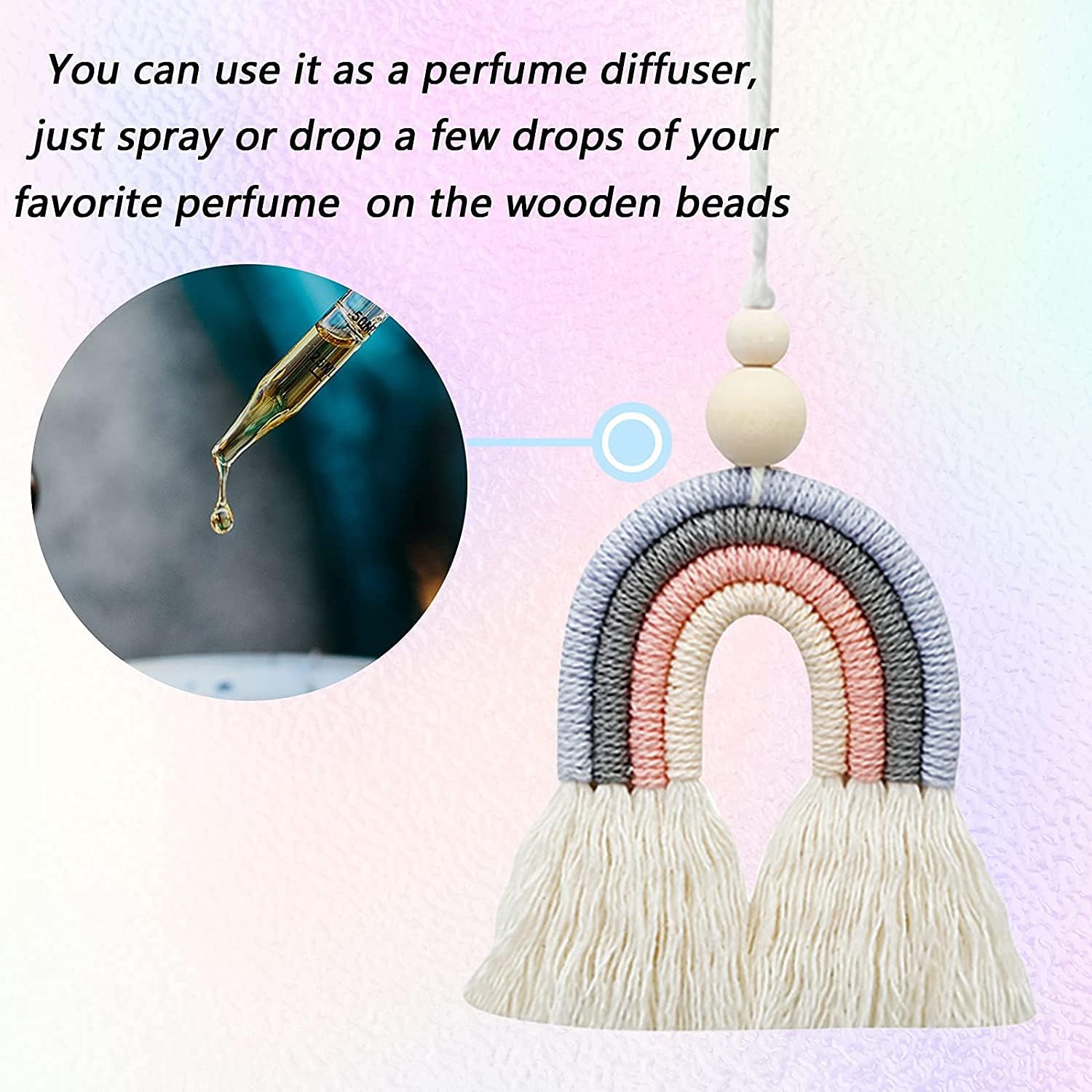 LUTER 1 Pc Macrame Rainbow Handmade Car Charm Colorful Essential Oil Cars Diffuser Rear View Mirror Hanger with Wooden Beads for Home Wall Car Decoration (Color 2)