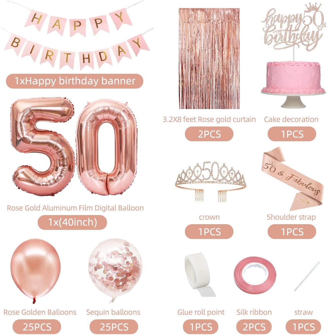 50th Birthday Decorations Women, Happy 50th Birthday Banner, Crown, Sash, Cake Topper and Number Balloon, Rose Gold 50 Birthday Party Decorations for Women - Image 2