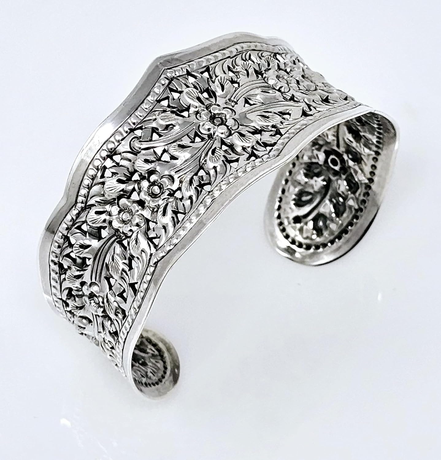 Women's Silver Wide Cuff Bangle Bracelet - Handmade 925 Sterling Silver Floral Bangle for Women | Jewelry Gift for Her
