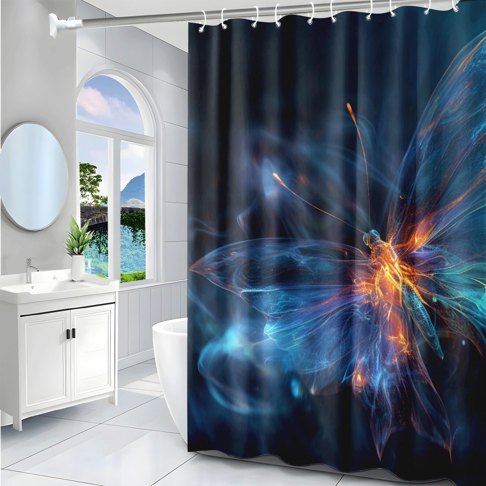 Tenda Doccia Farfalla Verde Blu Tenda Doccia Antimuffa Impermeabile Poliestere Lavabile con 12 Ganci Facile da Installare Tende Finestra Bagno per Dormitorio Hotel (180x220cm)