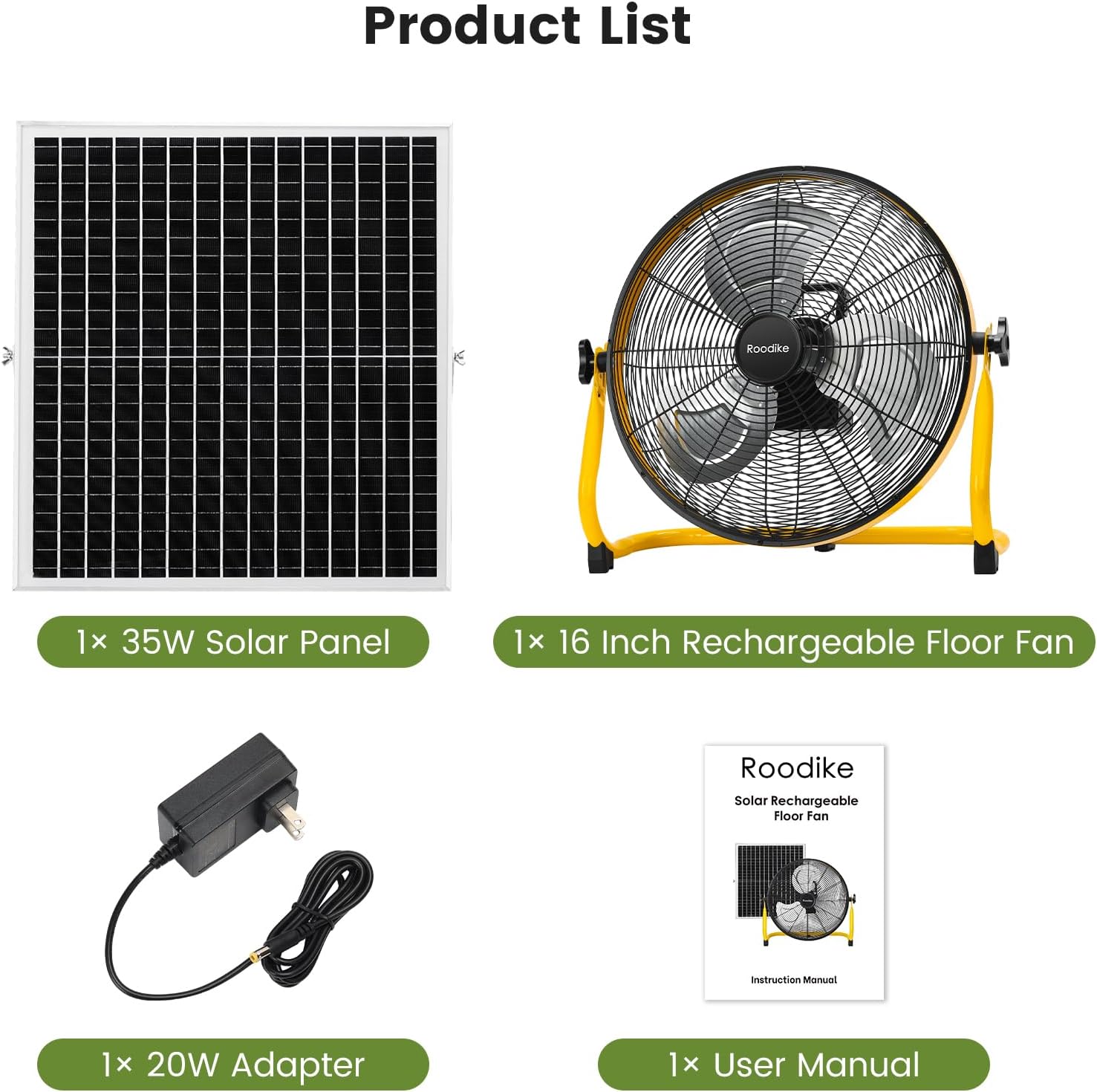 16" Solar Rechargeable Floor Fan, 35W Solar Powered Battery Operated Fans for Outdoor Garden Greenhouse Barn Stable Camping Garage Air Circulation Cooling