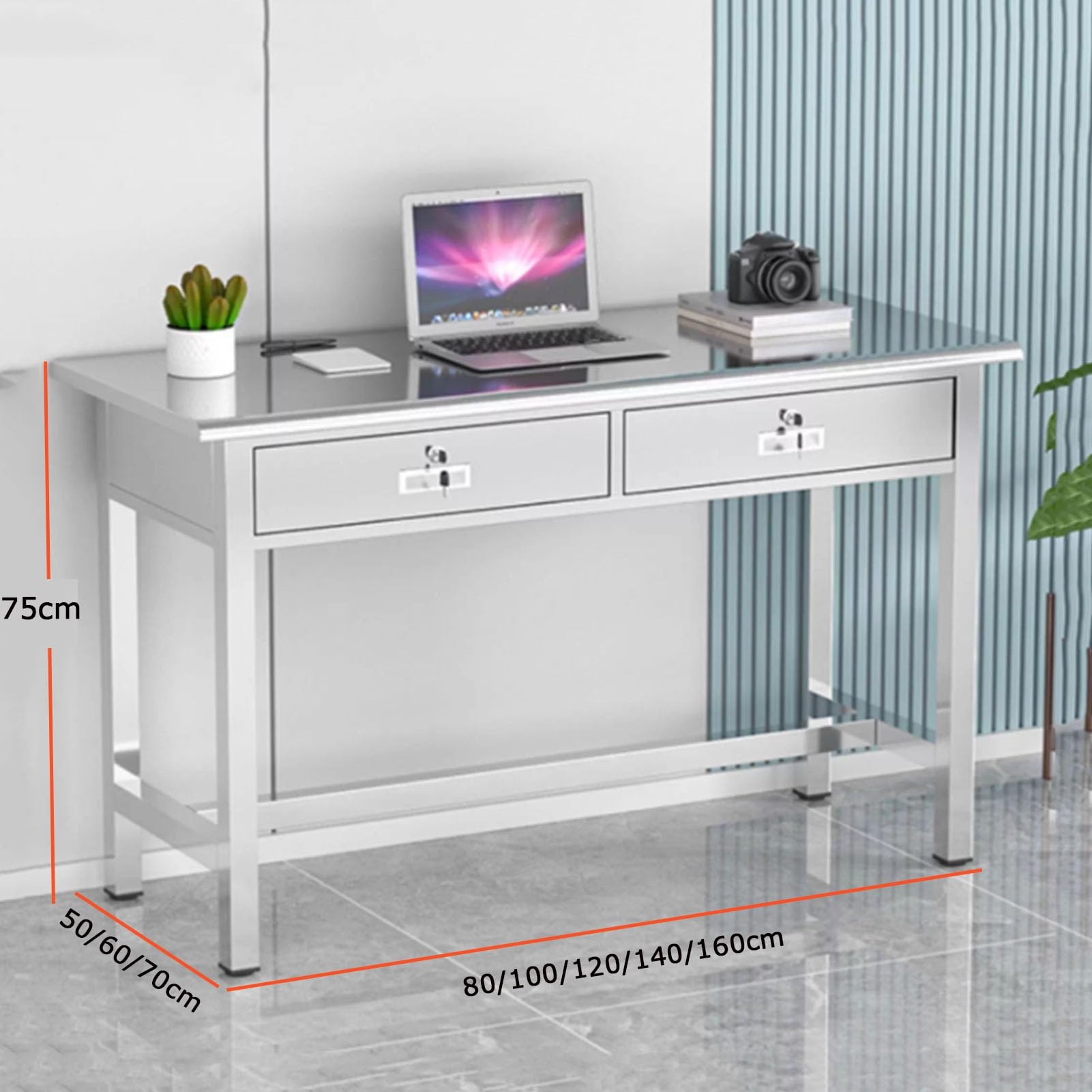 Acciaio Inossidabile Tavolo con 2 Cassetti, Resistente Metallo Preparazione Tavolo Lavoro, Commerciale Laboratorio Piano Lavoro Tavolo Preparazione per Hotel Garage(B-140x70cm)