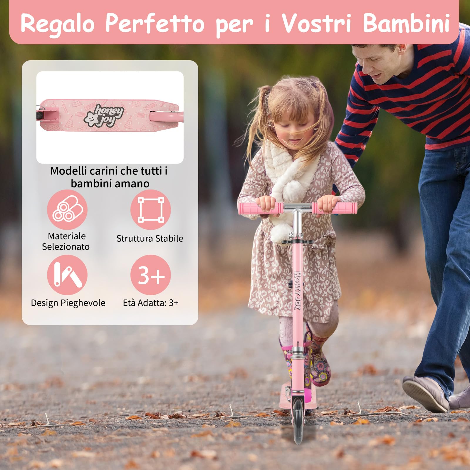 COSTWAY Monopattino per Bambini Pieghevole e Portatile, Monopattino a 2 Ruote con Manubrio Regolabile, Ruote Luminose a LED, Freno Posteriore e Tracolla, Ideale per Bambini e Bambine 3+