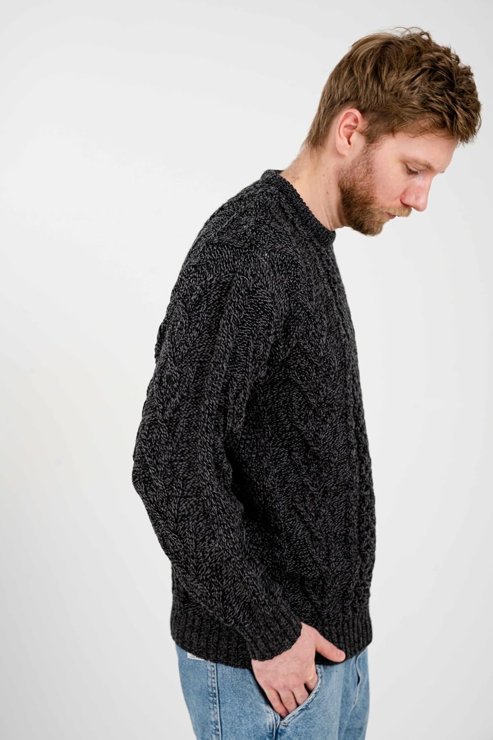 SAOL 100% Merino Wool Men's Irish Traditional Aran Crew Neck Cable Knit Sweater Pullover - Image 8