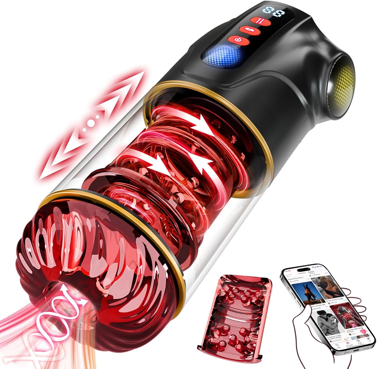 Masturbieren für Männer Sex Spielzeug für die Männer - 3 in 1 APP Masturbator 9 Teleskopfunktion & Rotierend & Saugen mit LCD-Display Blowjob Taschenmuschi Sex Toyset für Man Penispumpe Rot - Schwarz