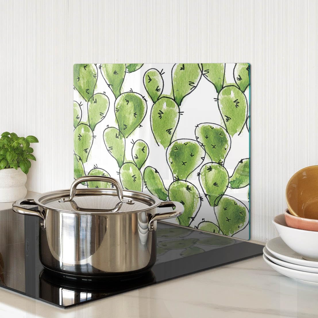 Multifunzione: Tagliere in vetro e coperchio 40x30 cm Cactus ad acquerello