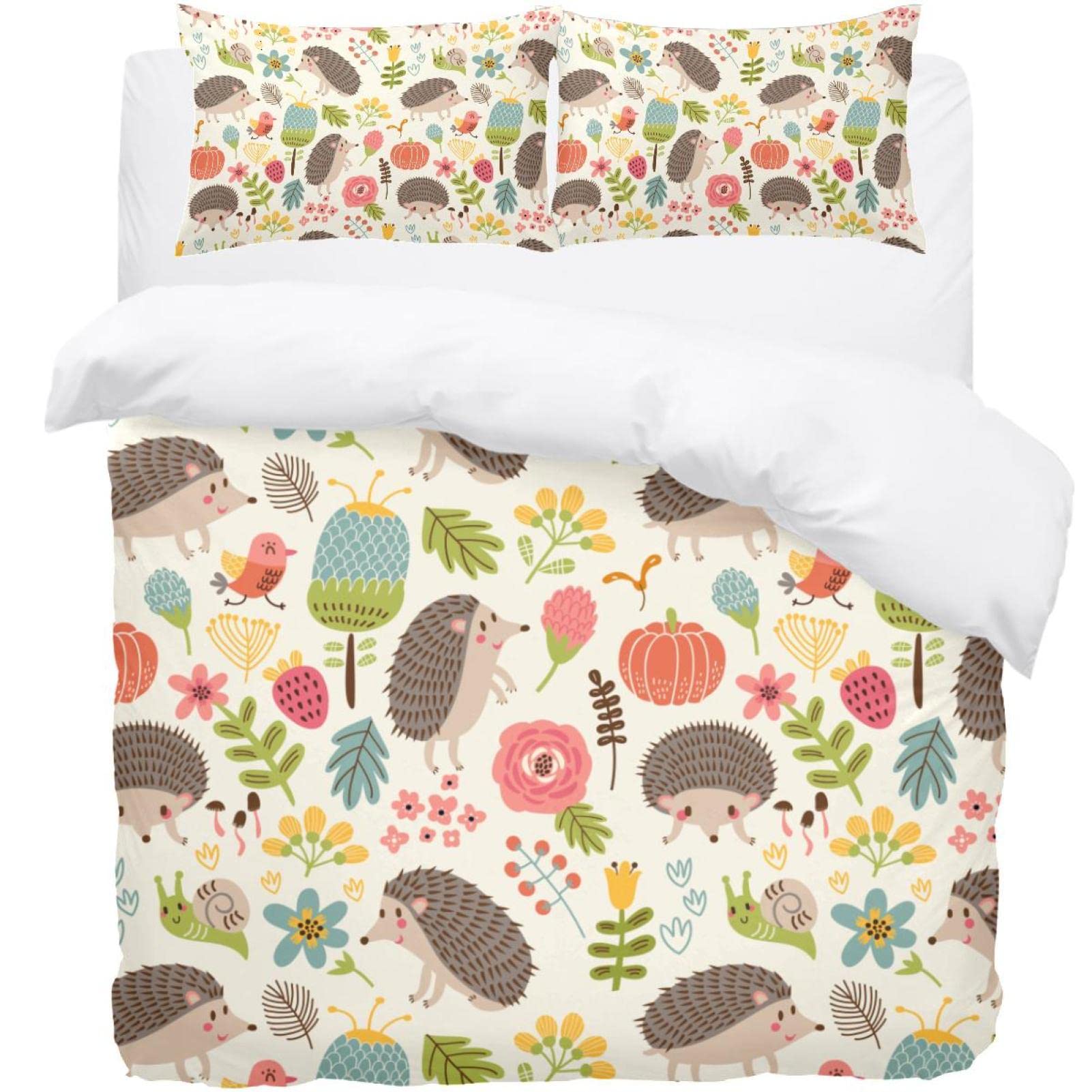 Parure de lit simple floral avec housse de couette rétro et 2 taies d'oreiller motif hérisson